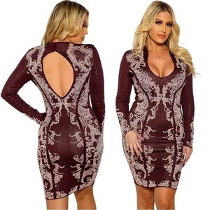 WOW WORLD OF WOMEN FLORAL METALLIC CHERRY CUTOUT LONG SLEEVE BODYCON DRESS